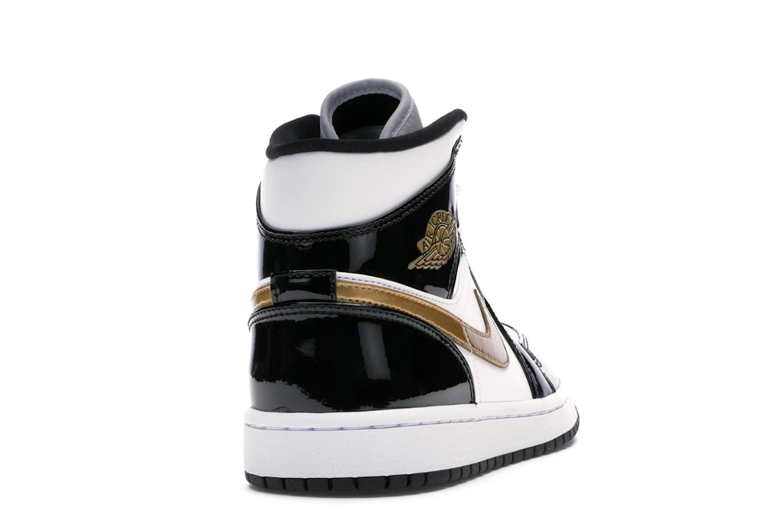 Jordan 1 Mid Patent Black White Gold