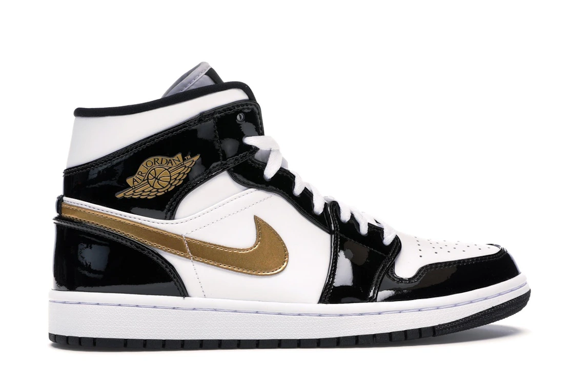 Jordan 1 Mid Patent Black White Gold